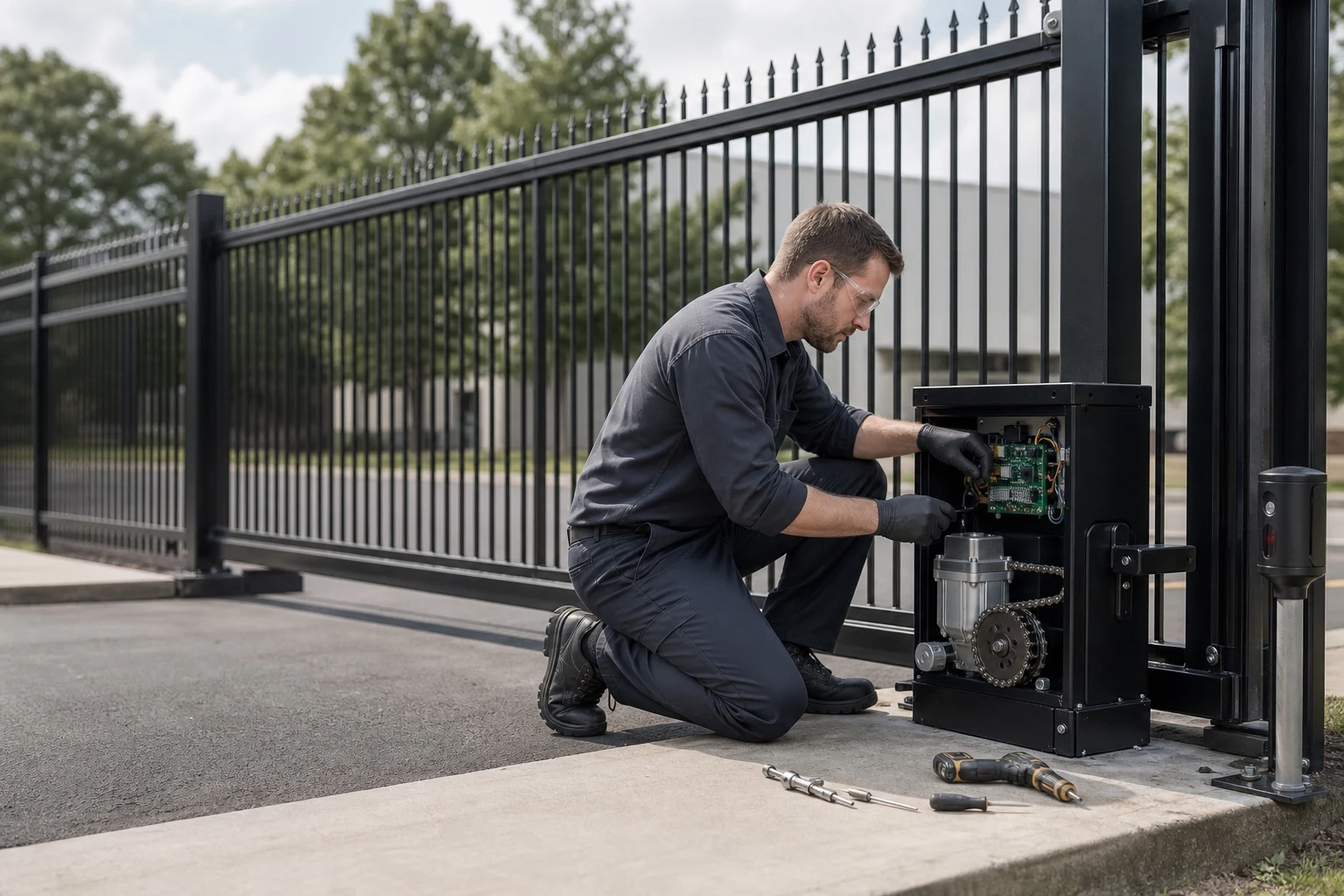 Technician diagnosing an automatic sliding gate operator
