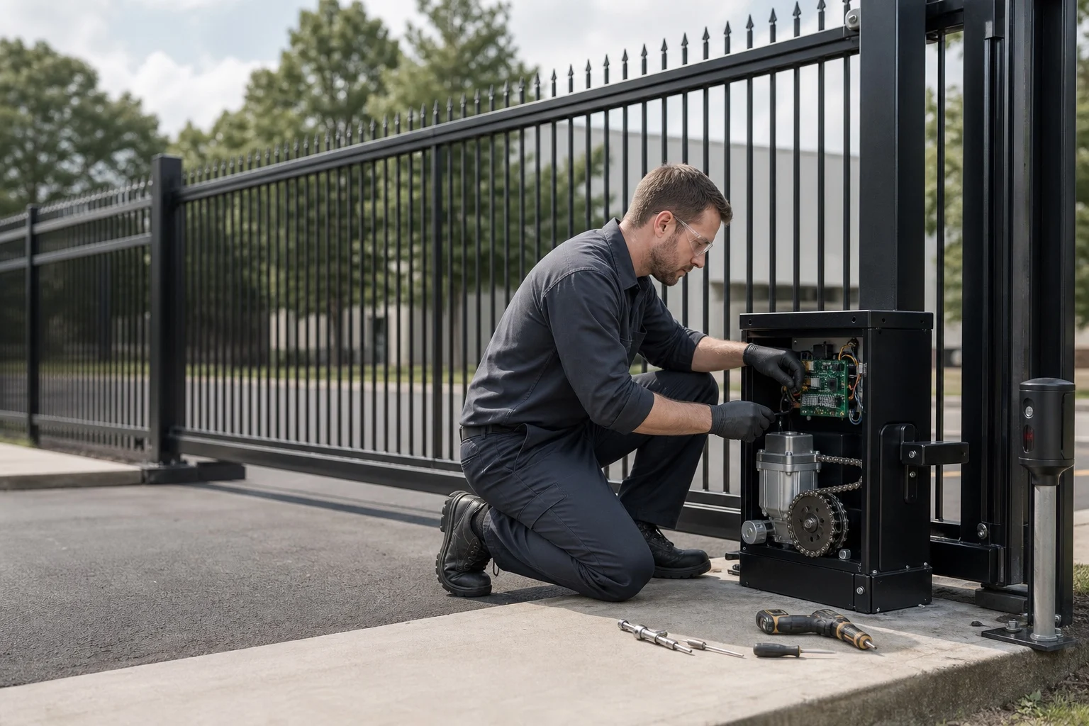 Technician repairing a commercial automatic gate operator
