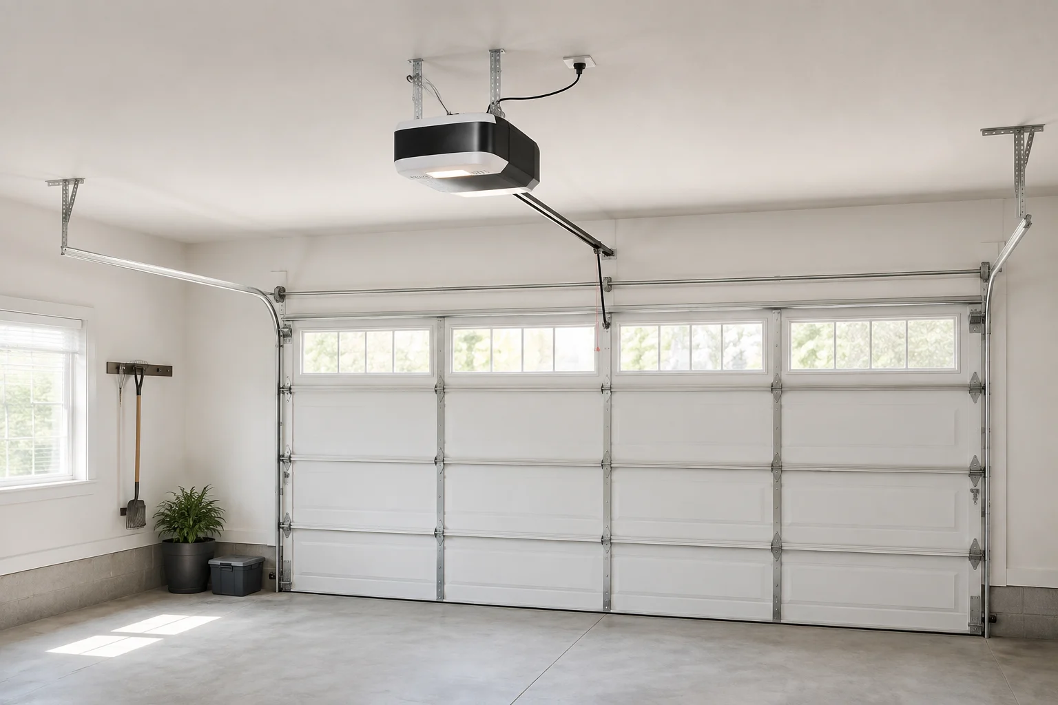 Newly installed belt drive garage door opener in a home garage