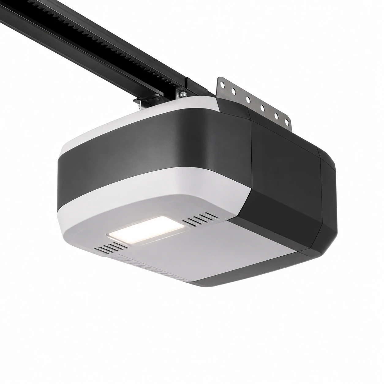 Black and silver belt-drive opener motor head with reinforced rail