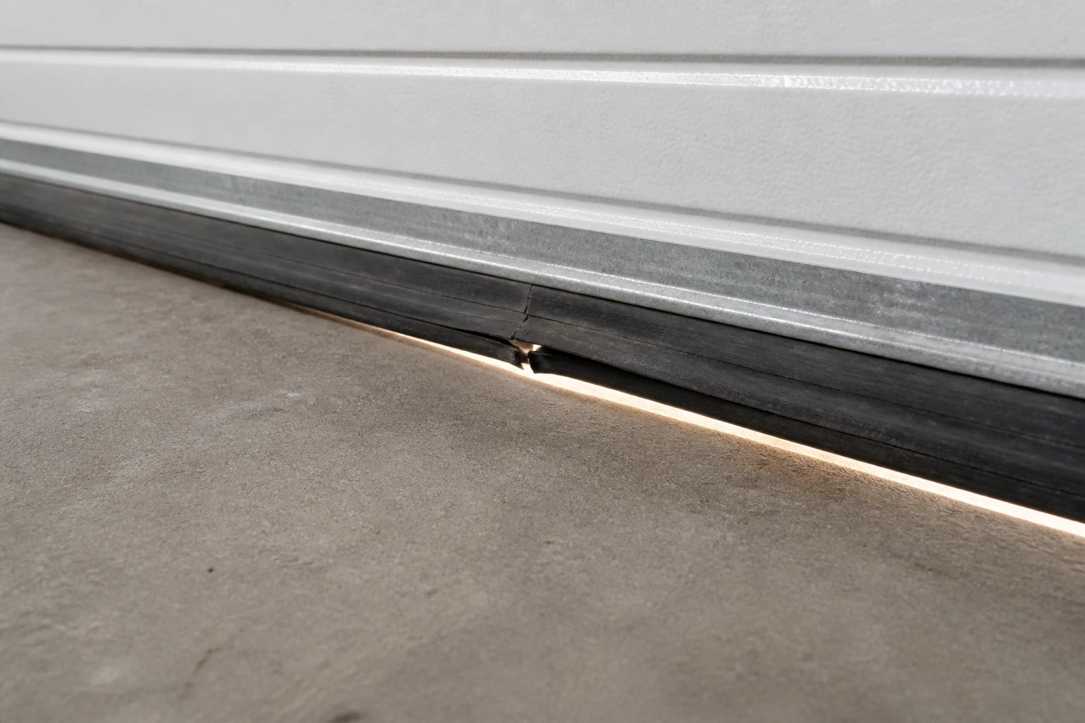 Worn garage door bottom seal with a visible gap and daylight below