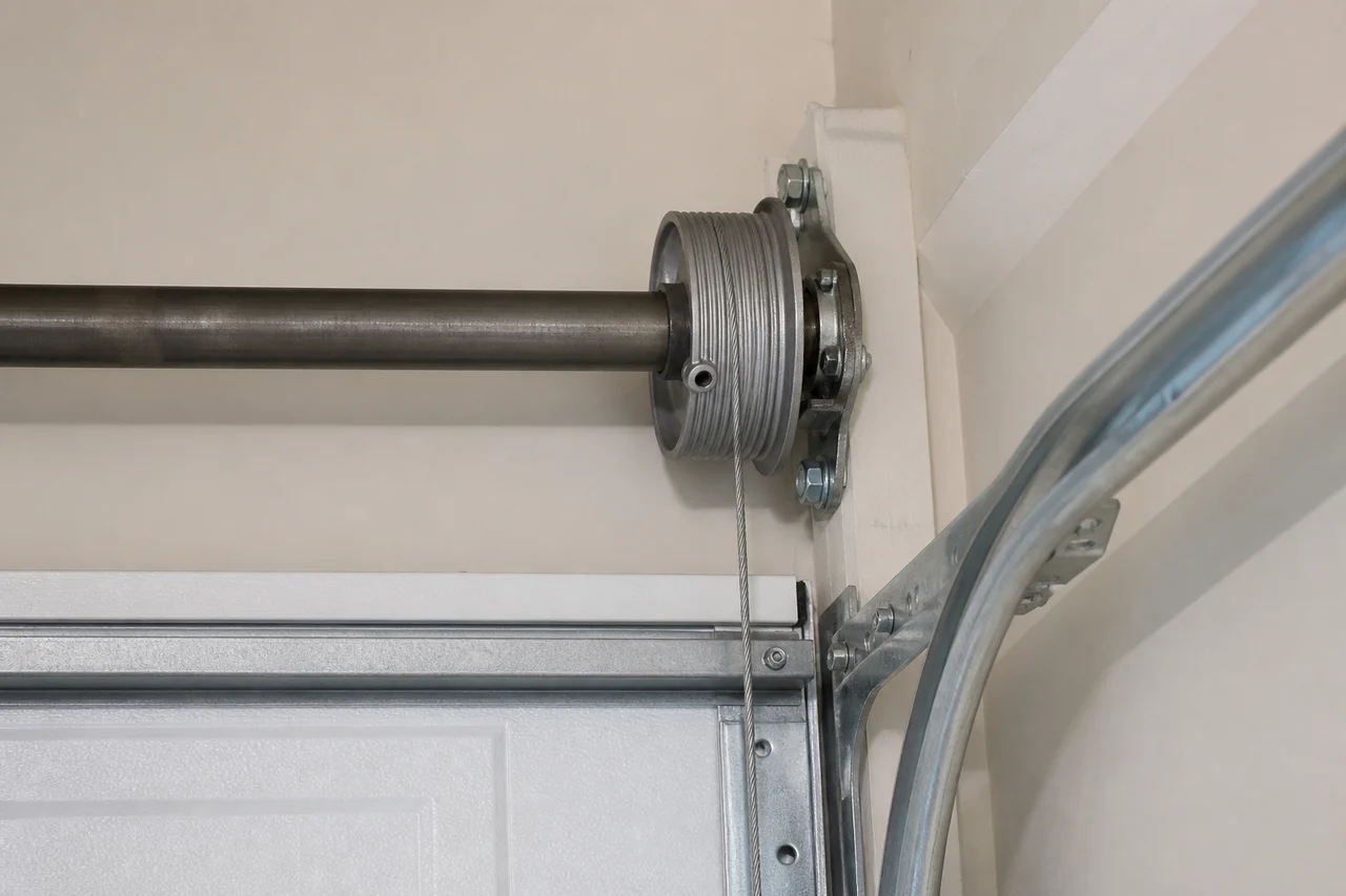 Close-up of a garage door lift cable, drum, and track hardware