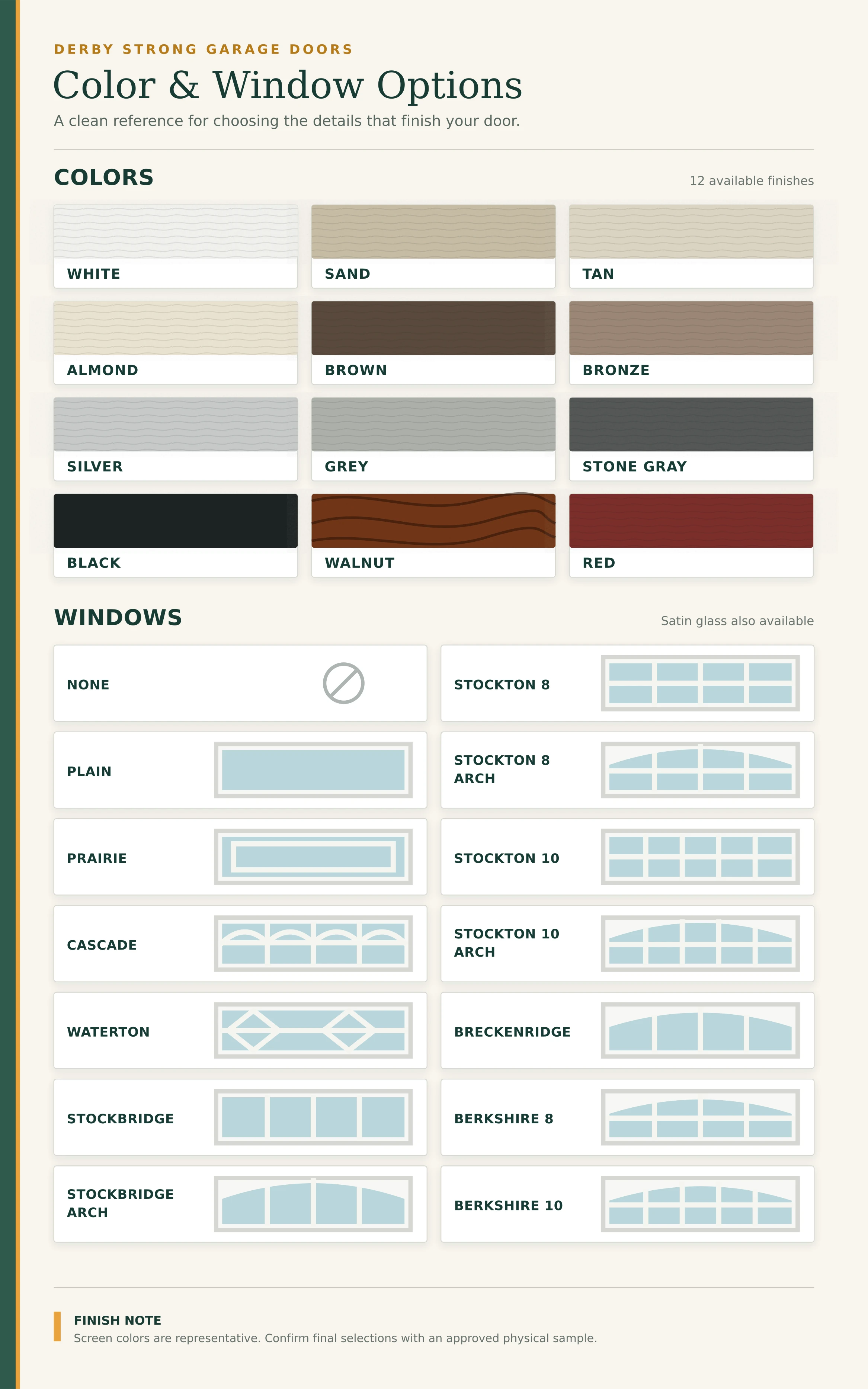 Garage door color finish and window design reference board