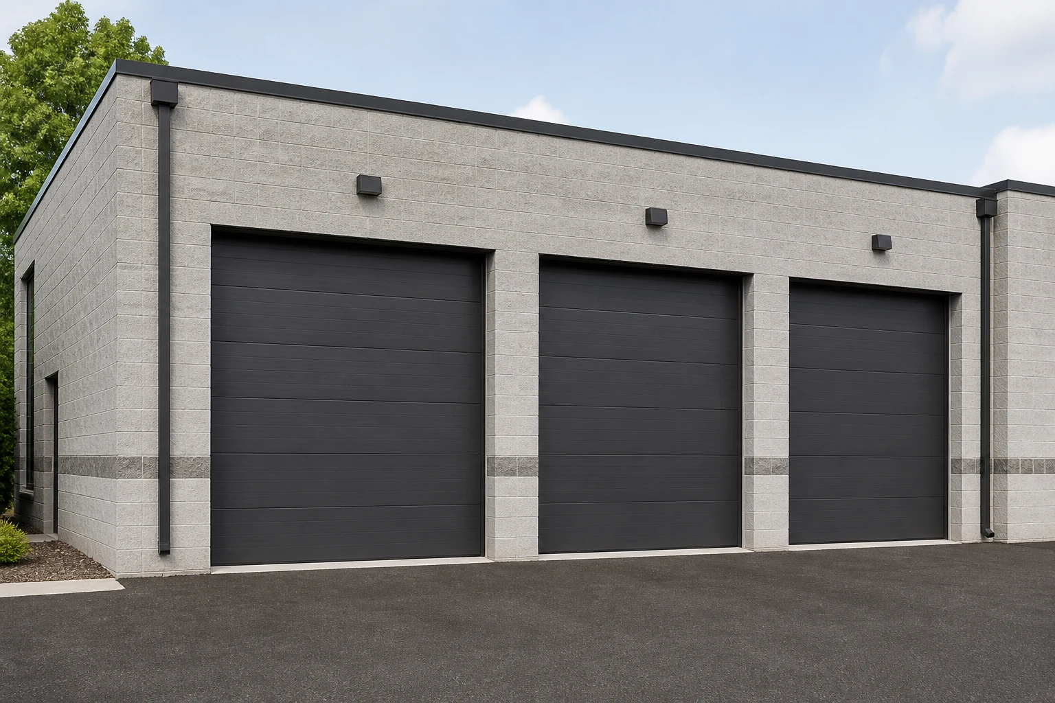 Multiple charcoal commercial sectional garage doors