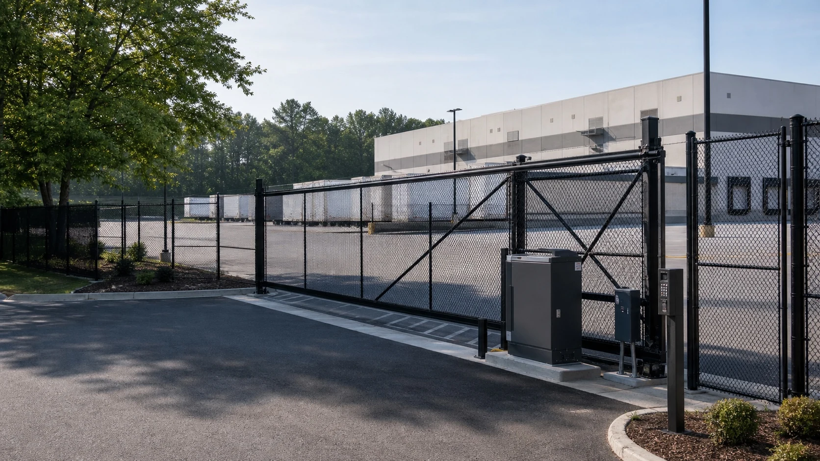 Chain-link cantilever gate, operator and keypad at a warehouse fence