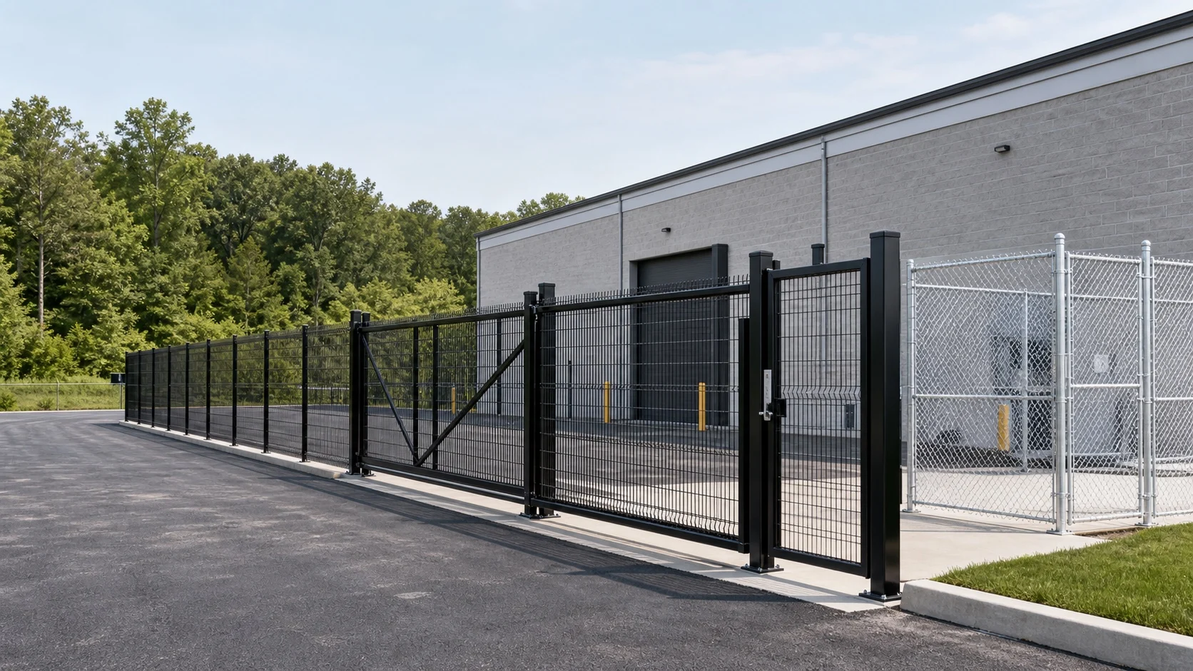 New black welded-wire commercial perimeter fence