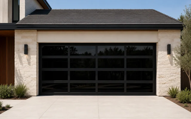 Black aluminum full-view garage door with tinted glass panels