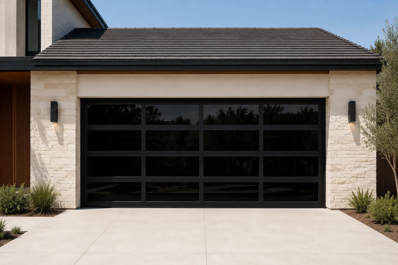 Black aluminum full-view garage door with dark tinted glass