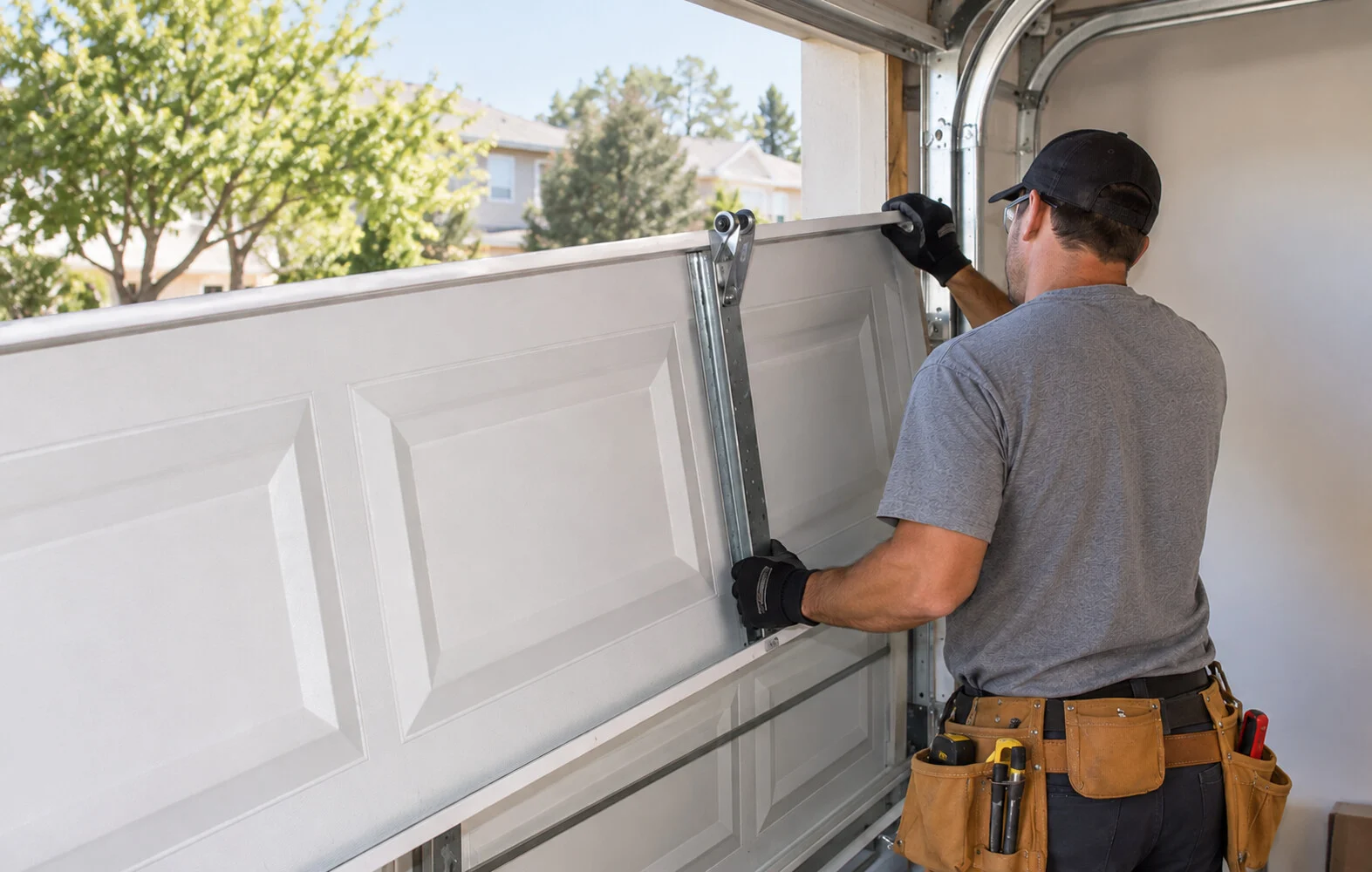 Garage door technician inspecting a residential door panel