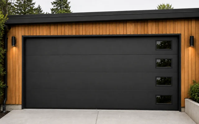 Black flush steel garage door with vertical windows and wood siding