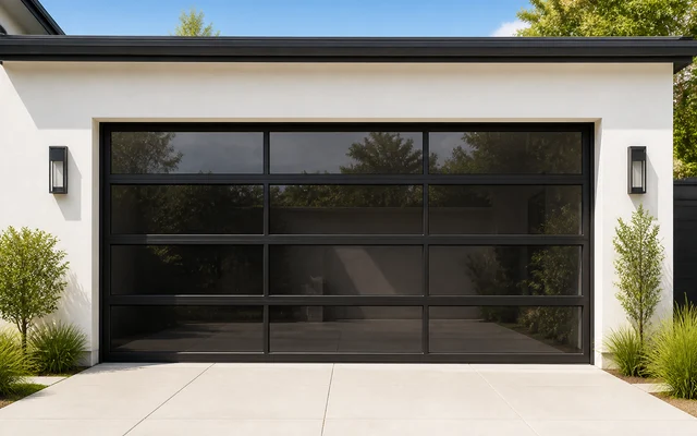 Black full-view garage door on a bright exterior