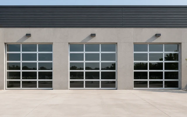 Three full-view glass service-bay doors on a commercial building