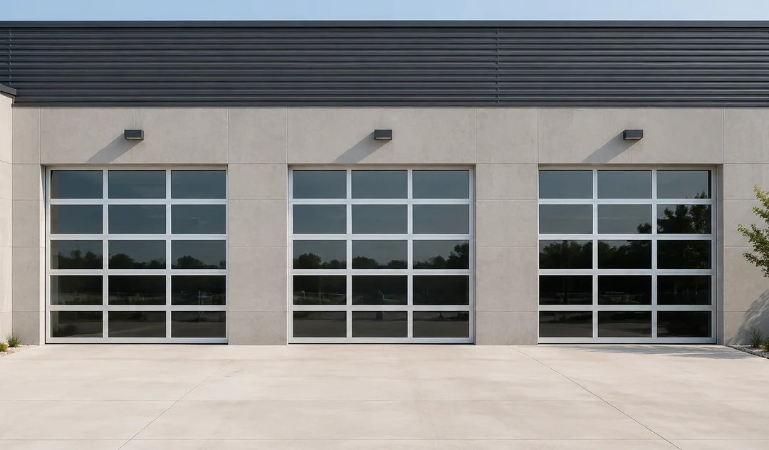 Aluminum full-view glass doors on commercial service bays