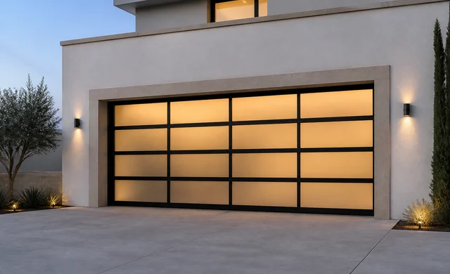 Modern full-view glass garage door glowing at dusk