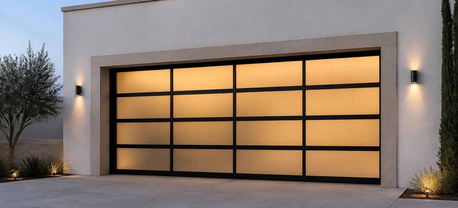 Modern glass garage door illuminated at dusk