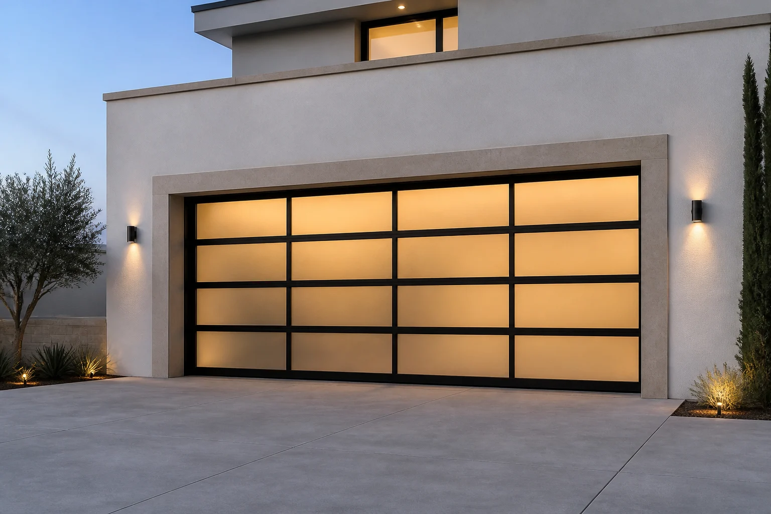 Full-view glass garage door in the evening
