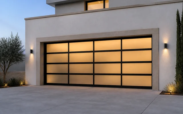 Black aluminum full-view garage door with translucent glass at dusk