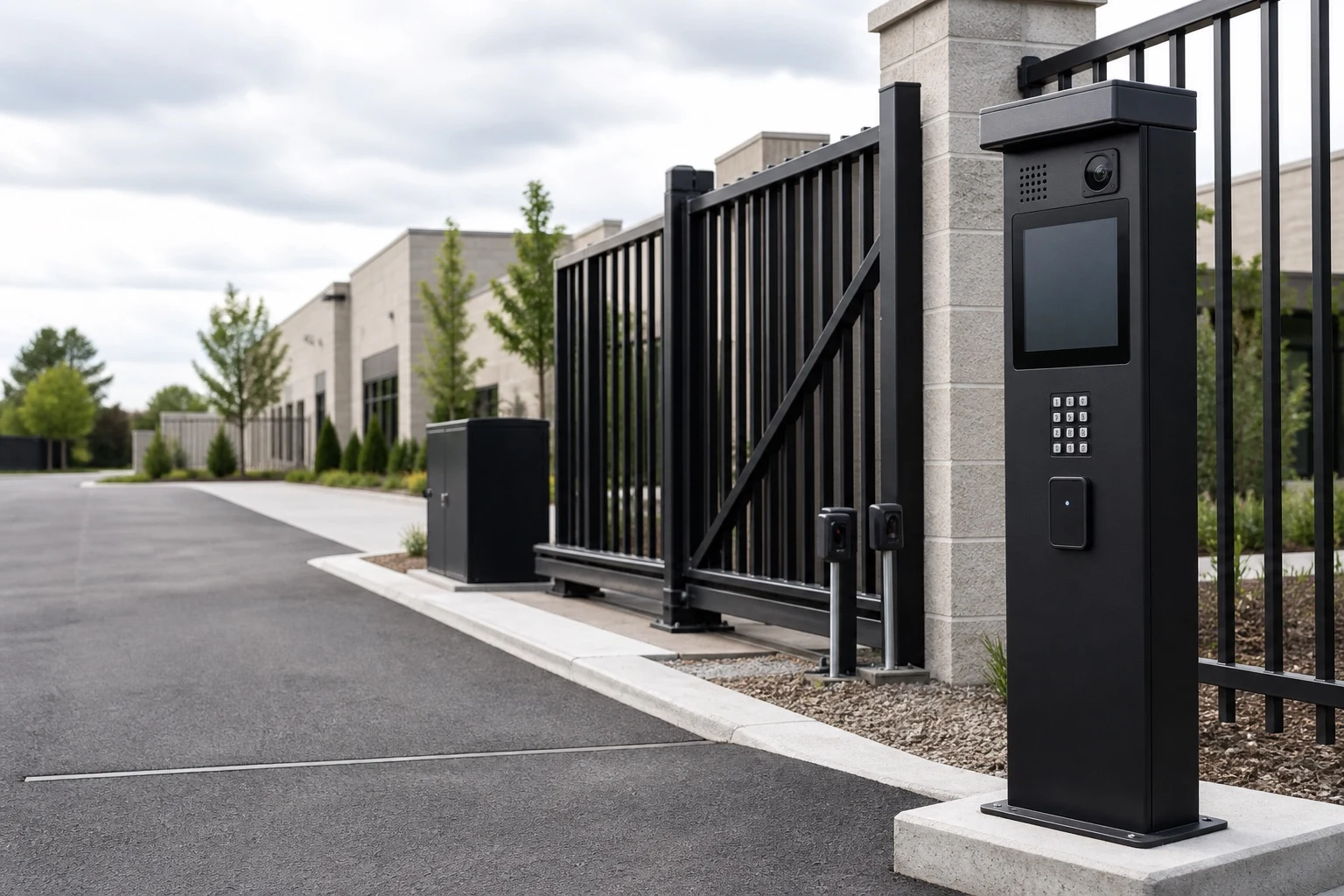 Gate video intercom, keypad, credential reader, operator, photo eyes