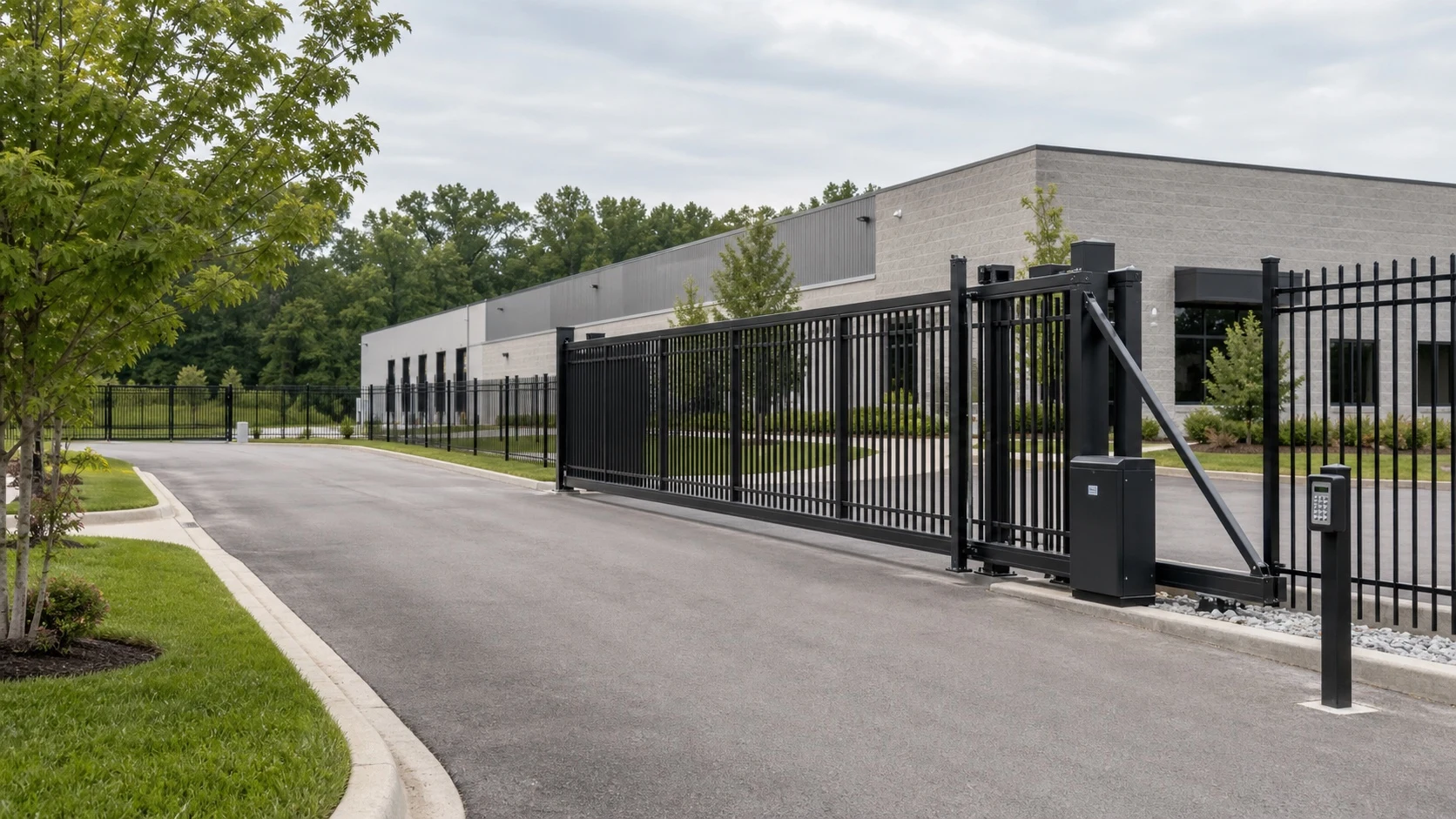New cantilever gate, operator and keypad at a commercial entrance