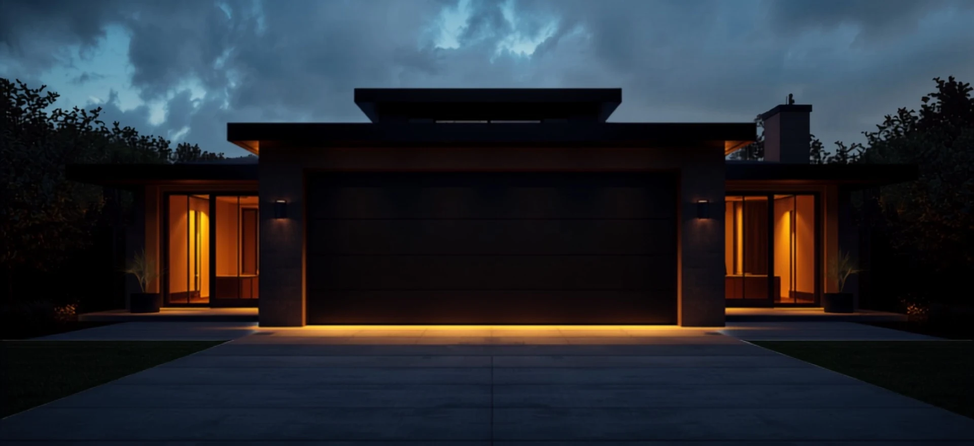 Modern home exterior at dusk with a well-lit garage door