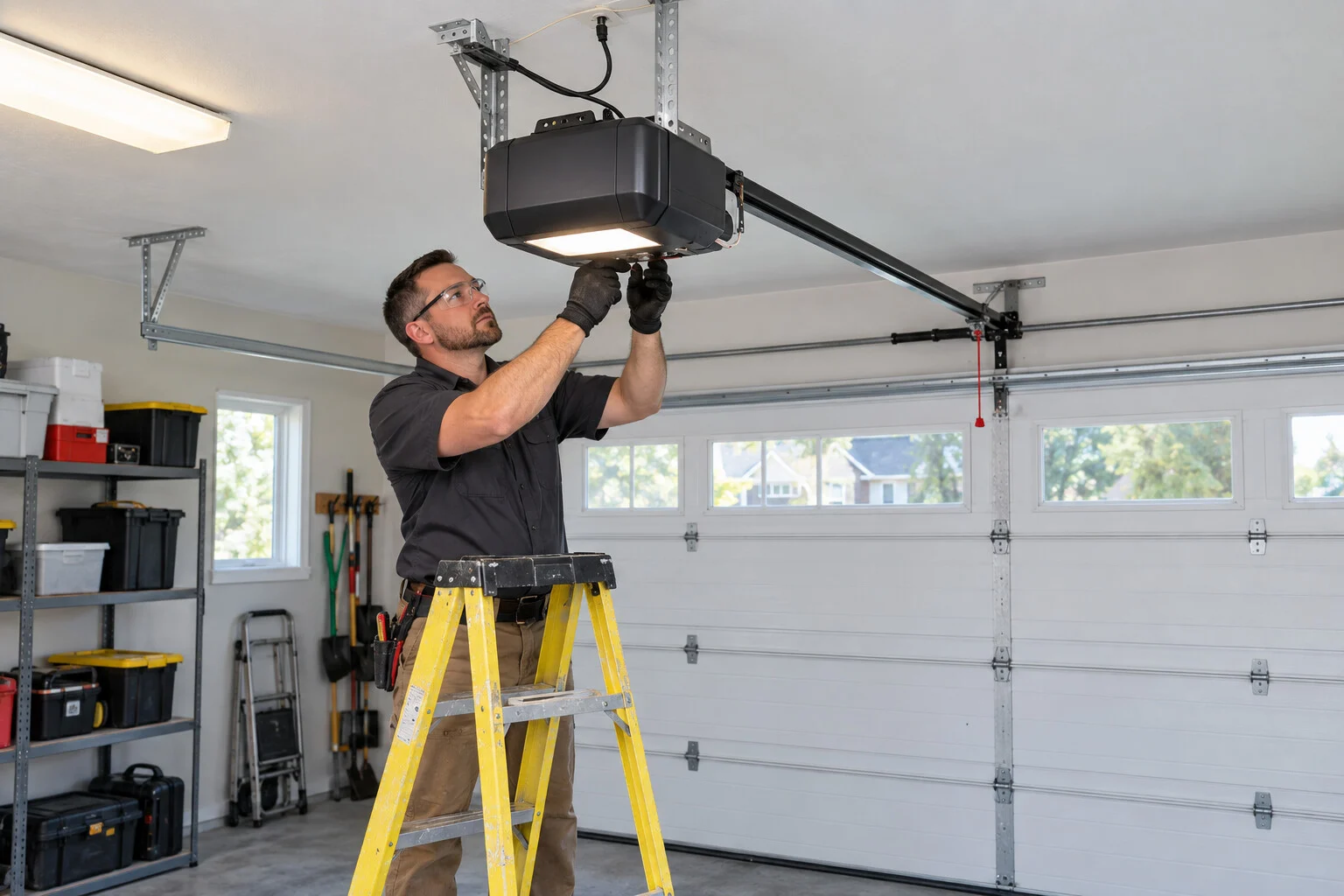 Ceiling-mounted garage door opener installed in a finished garage