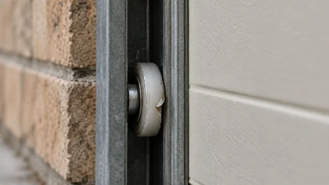 AI-generated illustrative close-up of worn nylon garage door rollers in a metal track; not a customer project