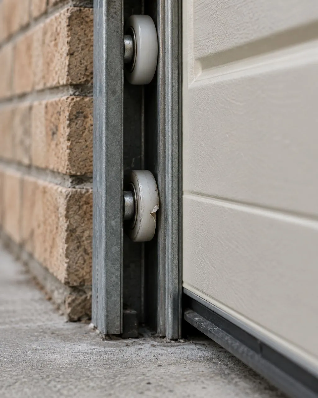 AI-generated illustrative close-up of worn nylon garage door rollers in a metal track; not a customer project