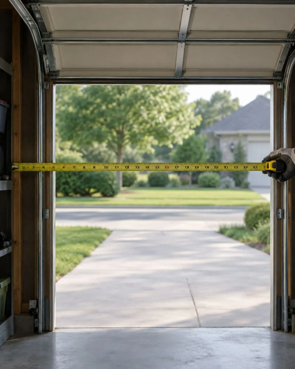 AI-generated image of a tape measure spanning a garage door opening
