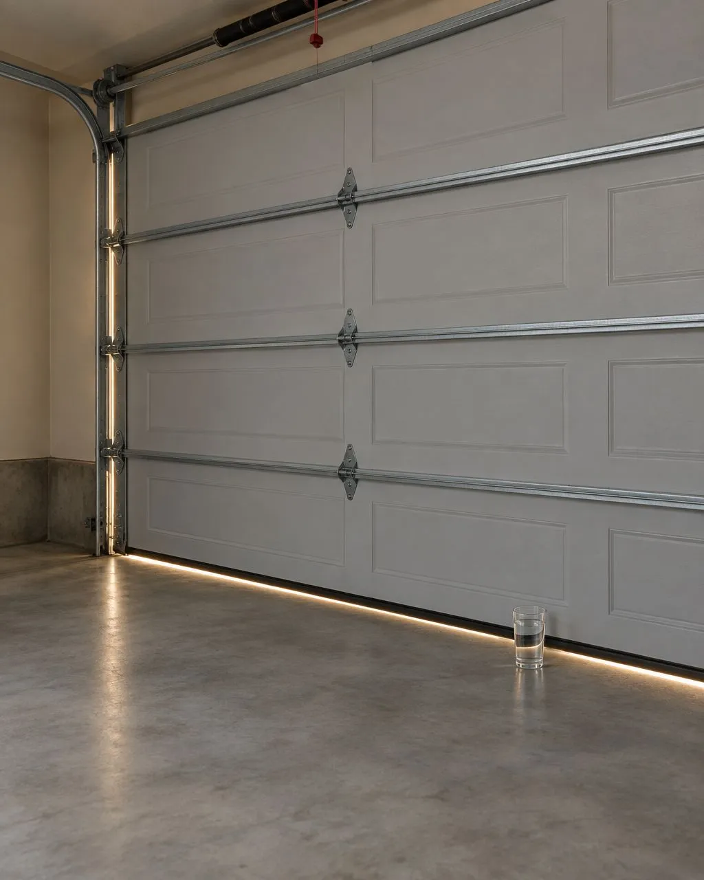 AI-generated image of daylight showing under a closed garage door