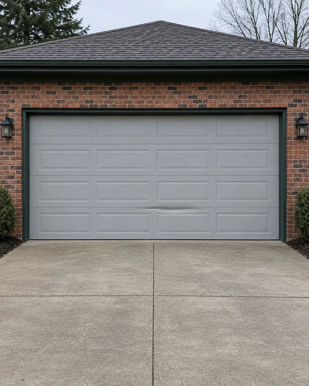 AI-generated image of a gray garage door with a creased lower panel