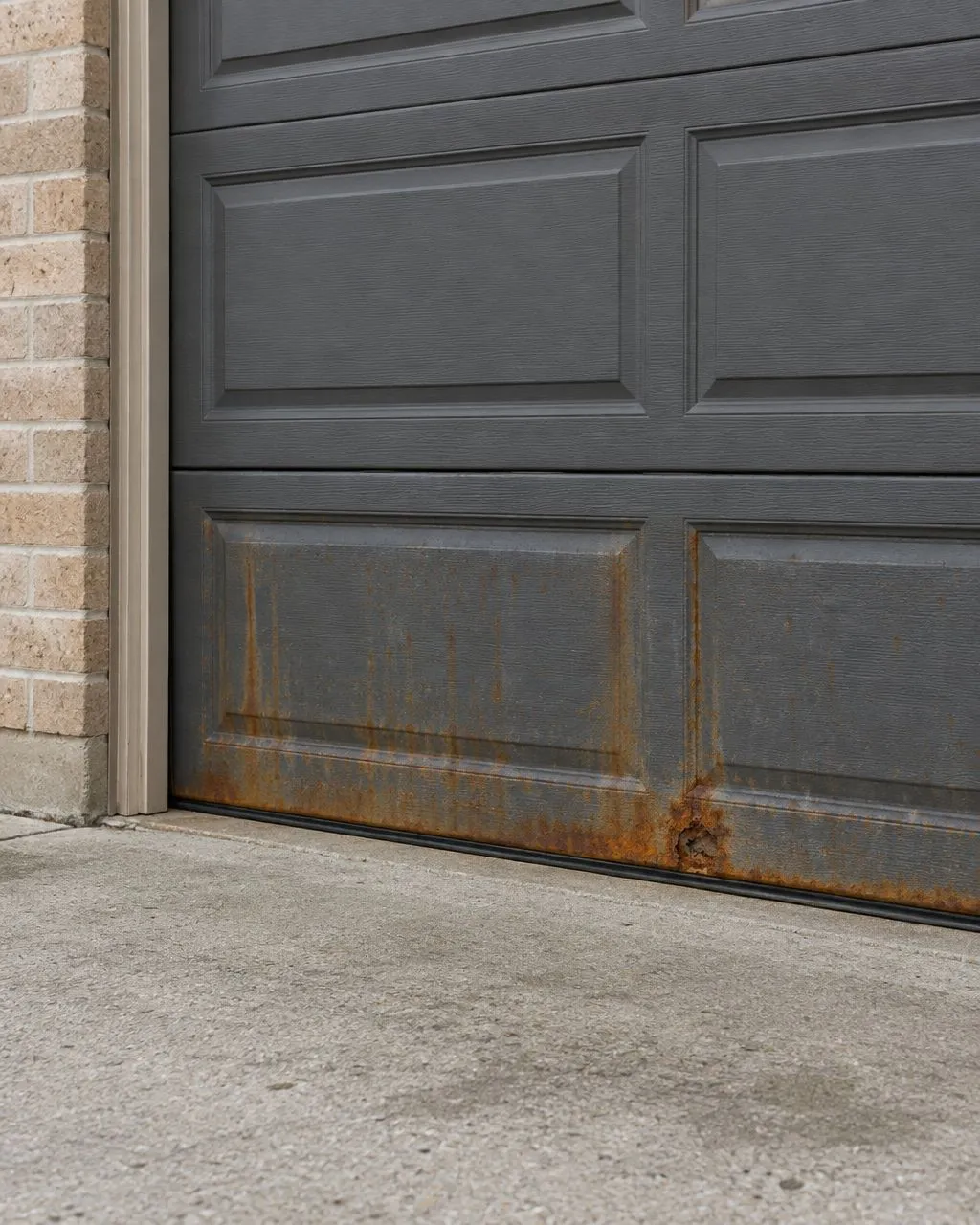 AI-generated image of surface rust streaks on a closed garage door