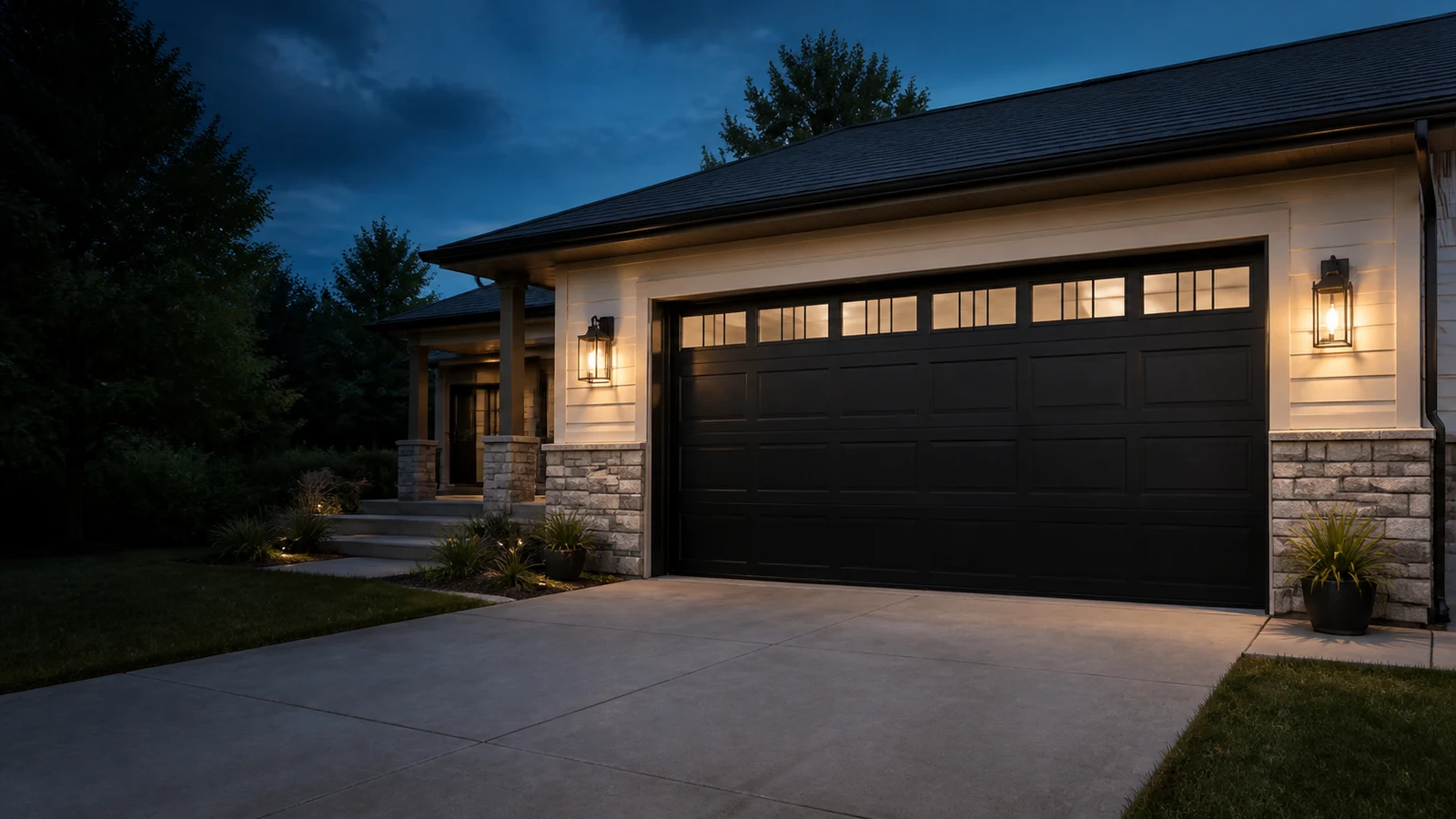 Finished black garage door on a professionally lit residential home
