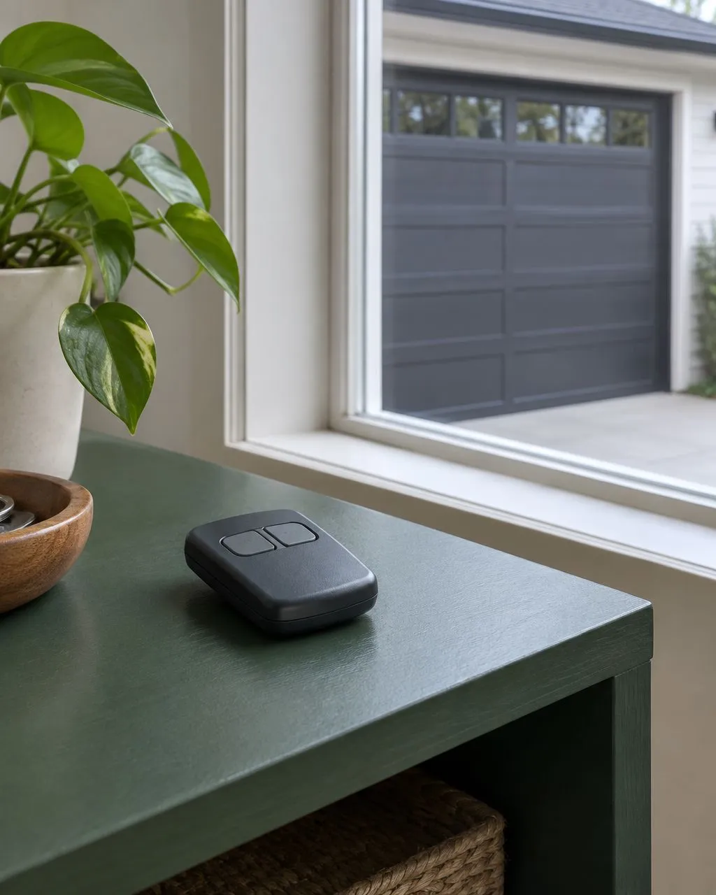 AI-generated illustration of an unbranded remote on a shelf near a closed garage door; not a customer project