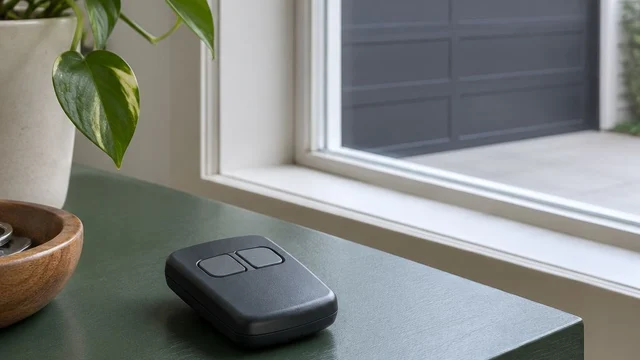 AI-generated illustration of an unbranded remote on a shelf near a closed garage door; not a customer project