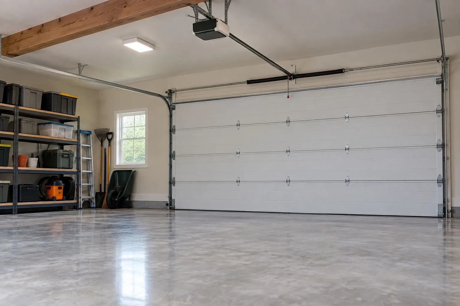 Garage interior with upper wall space, a ceiling beam and obstacles