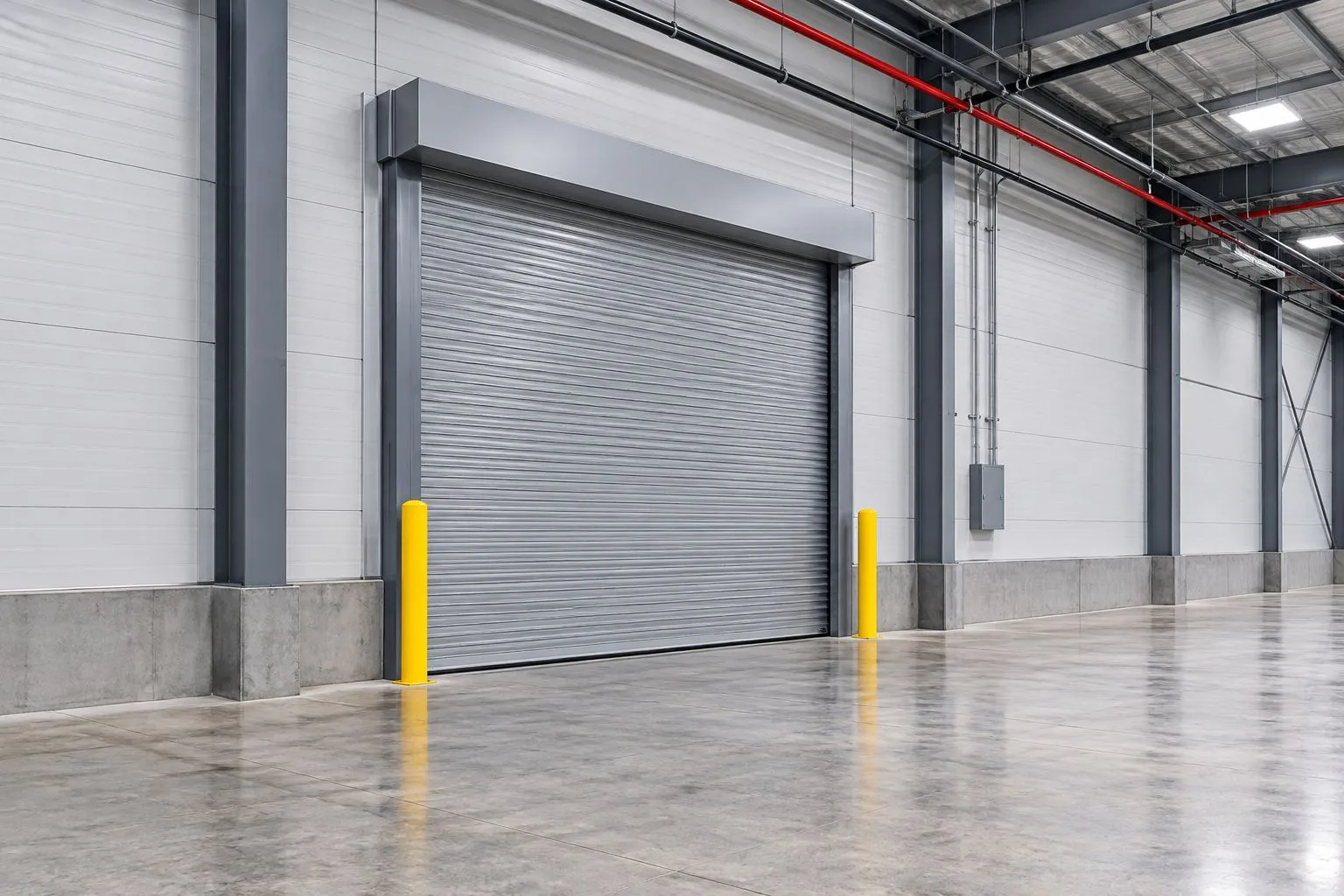 Illustrative warehouse opening with a rolling steel door hood