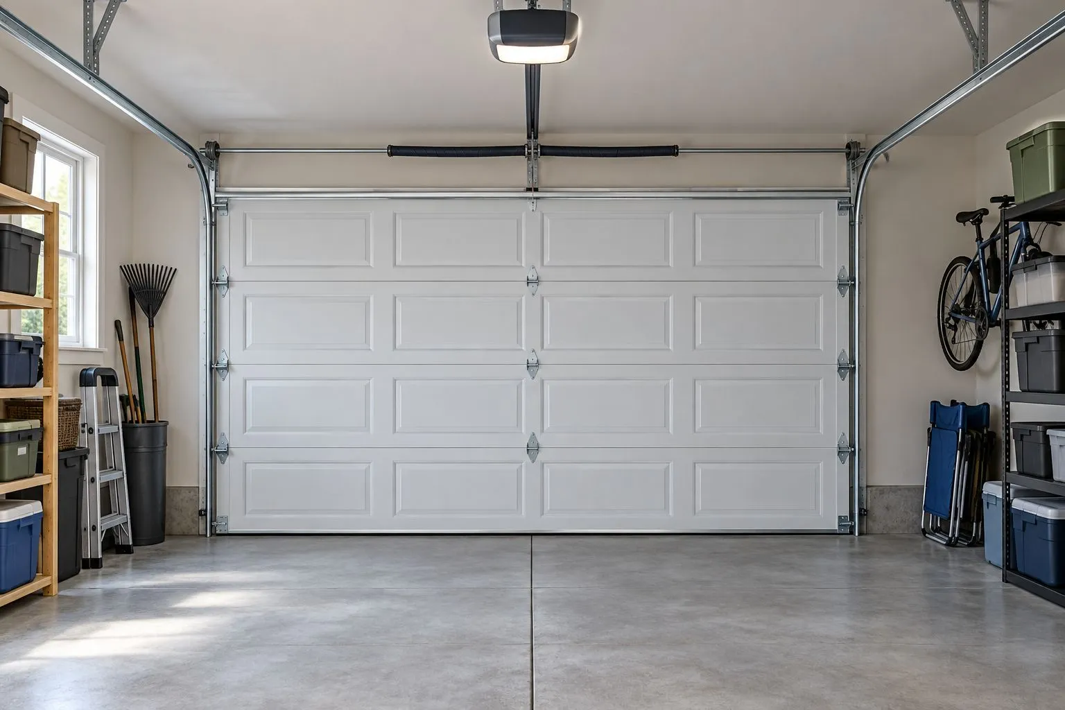 Closed garage door showing ceiling clearance, tracks and side space