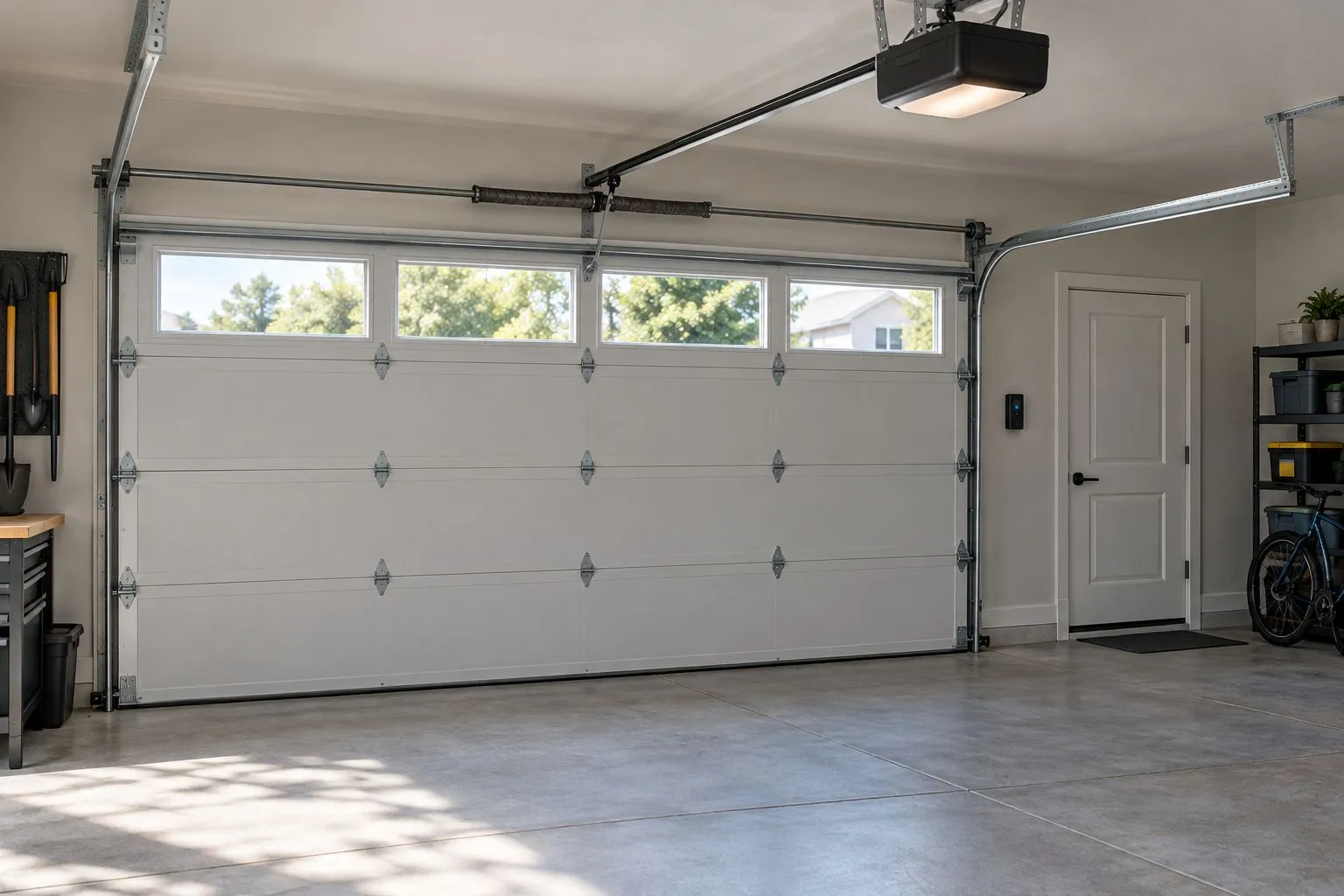 Closed sectional garage door with an overhead opener and a separate pedestrian entrance