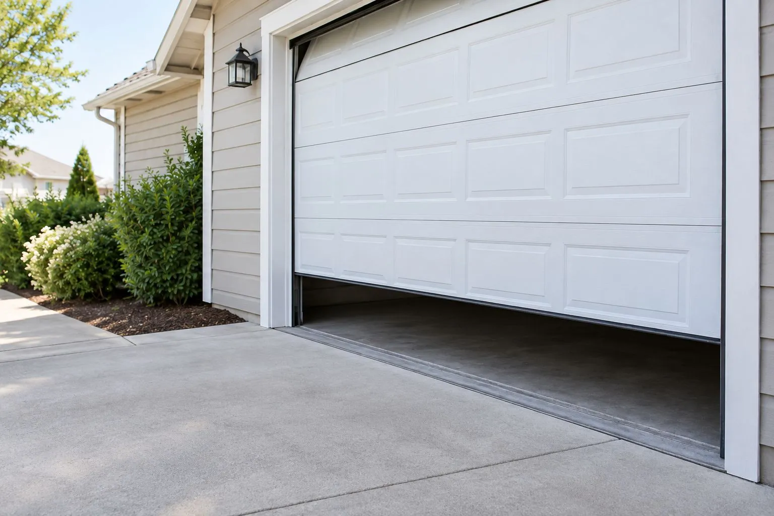 A partly open garage door with an empty threshold and clear approach