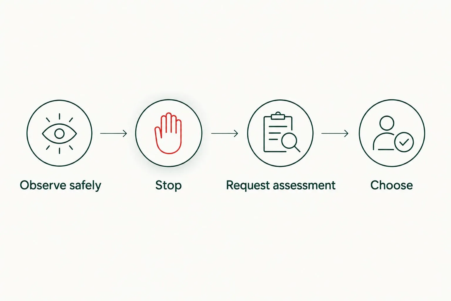 Decision sequence from safe observation through assessment to choosing the appropriate work