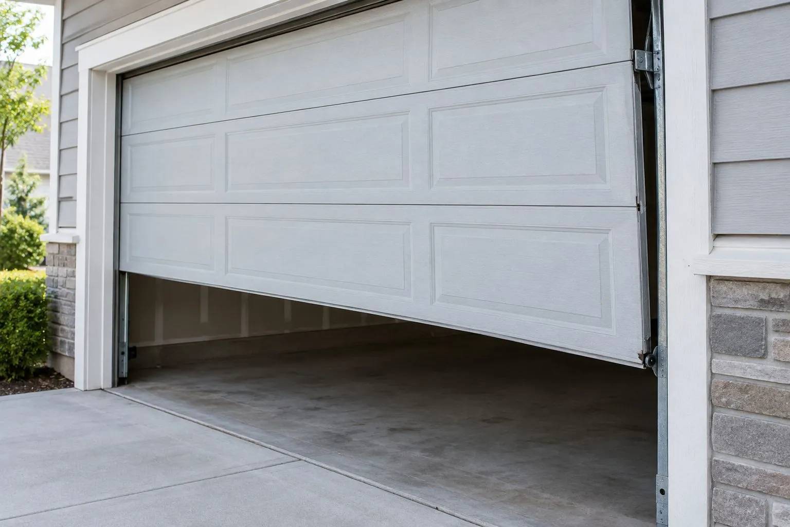 Illustrative garage door sitting crooked beside its track