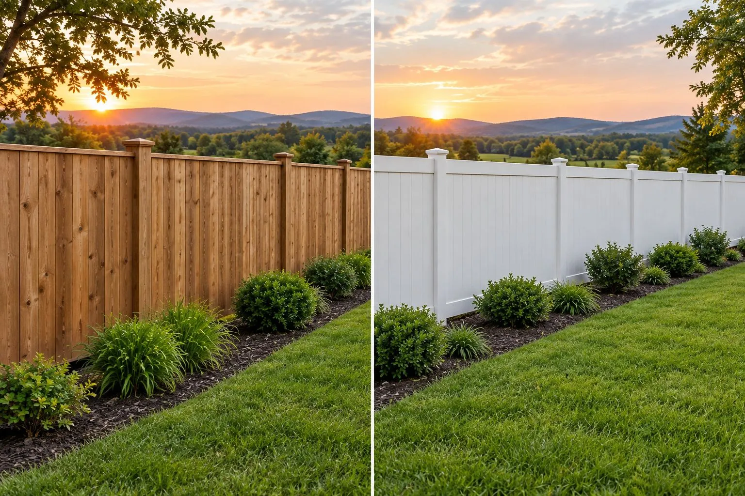 Wood and vinyl privacy fence sections with solid screening