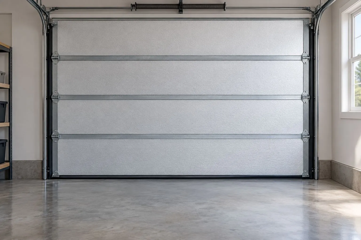 Garage door interior with steel-backed sections and perimeter seals