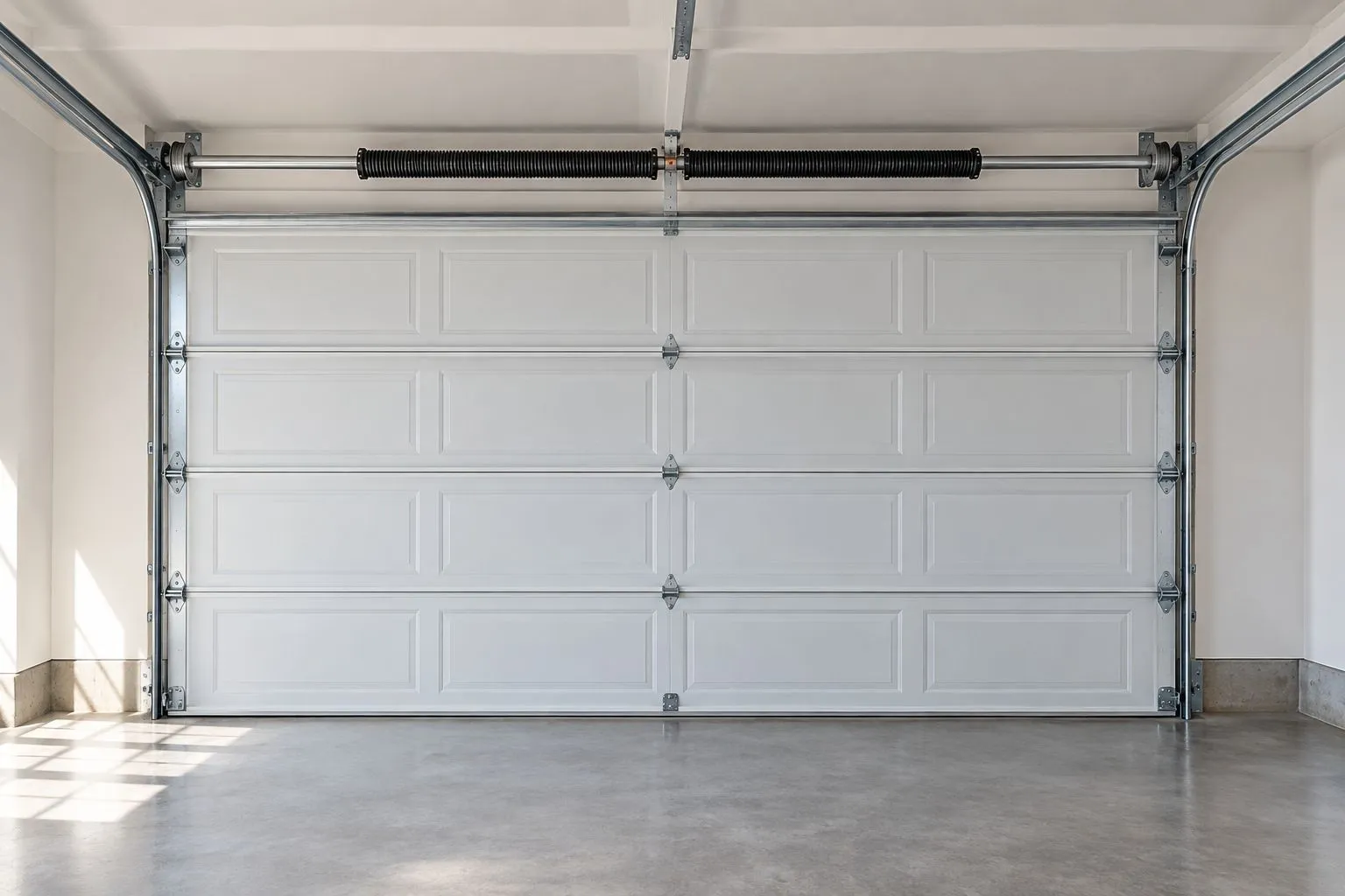 Garage door with overhead spring hardware and a clear working area