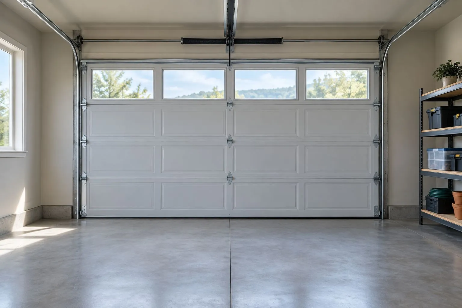 Garage door with clear access space and shelving away from tracks