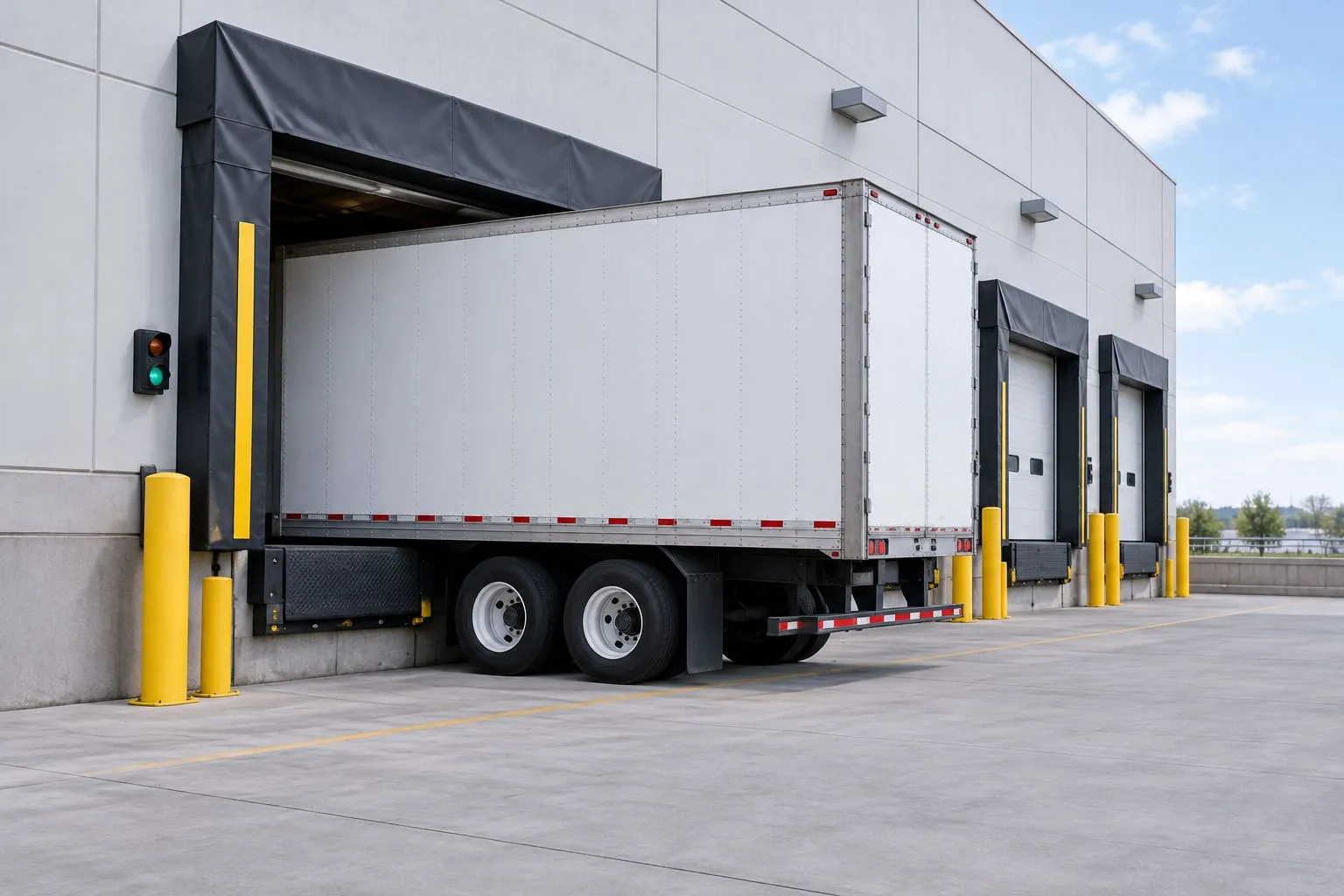 Trailer aligned with a dock shelter and protective dock bumpers