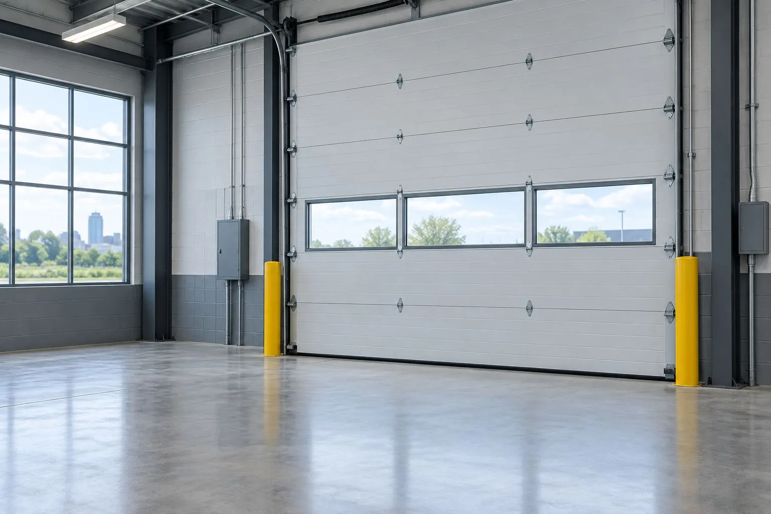 Closed sectional overhead door with an unobstructed commercial bay floor.