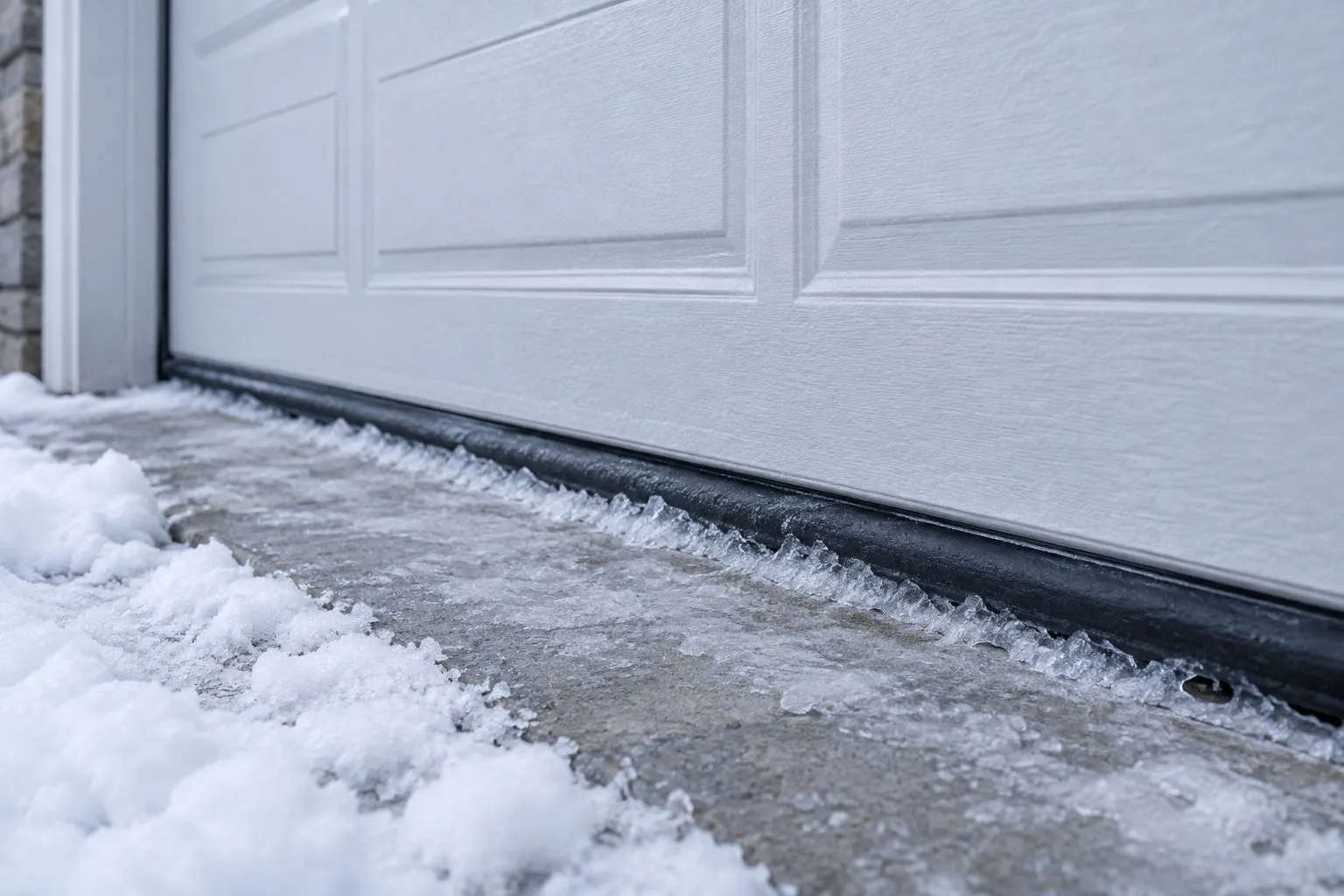 Ice joining a garage door bottom seal to the concrete threshold