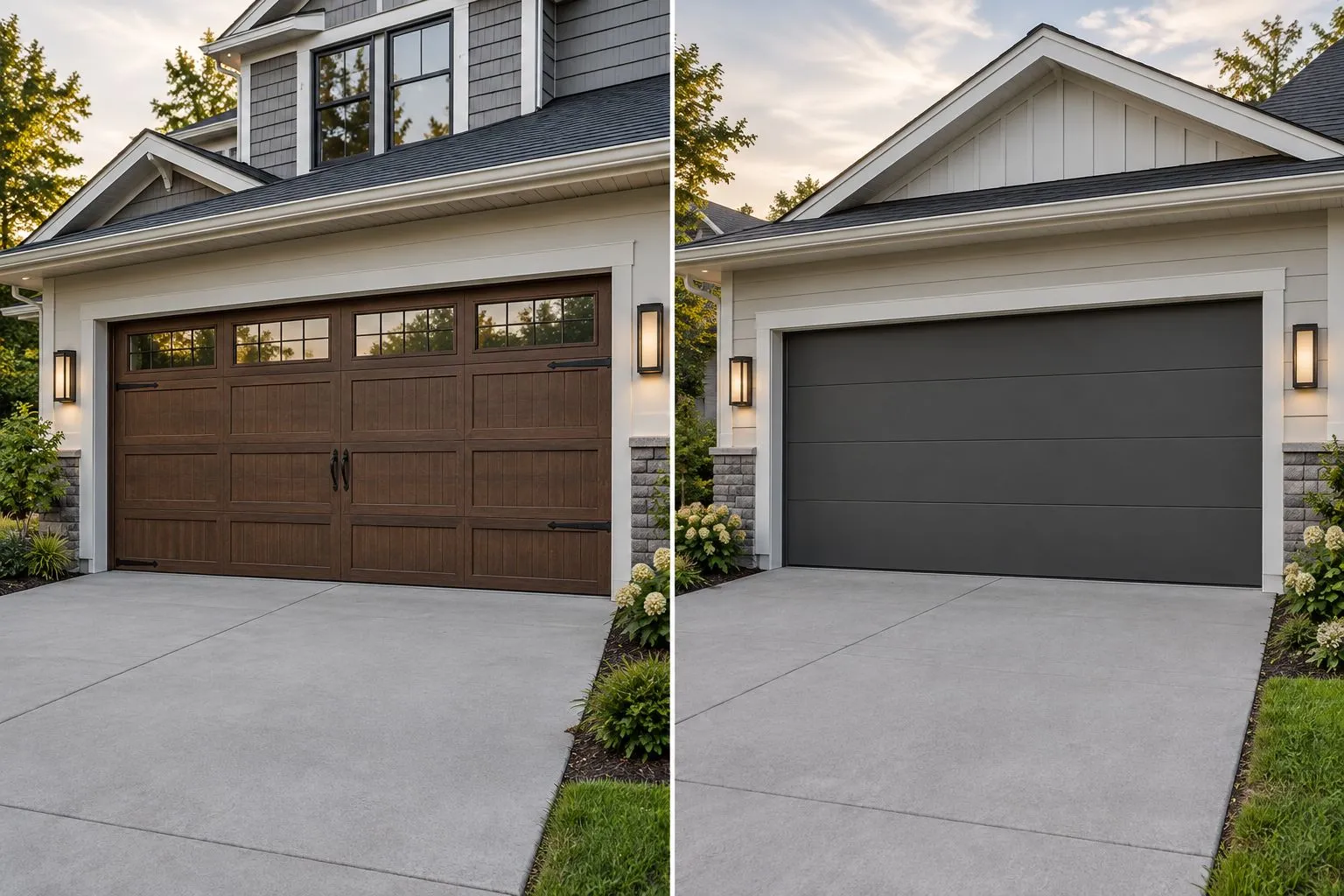 Carriage-style sectional door with decorative hardware beside a plain flush sectional door