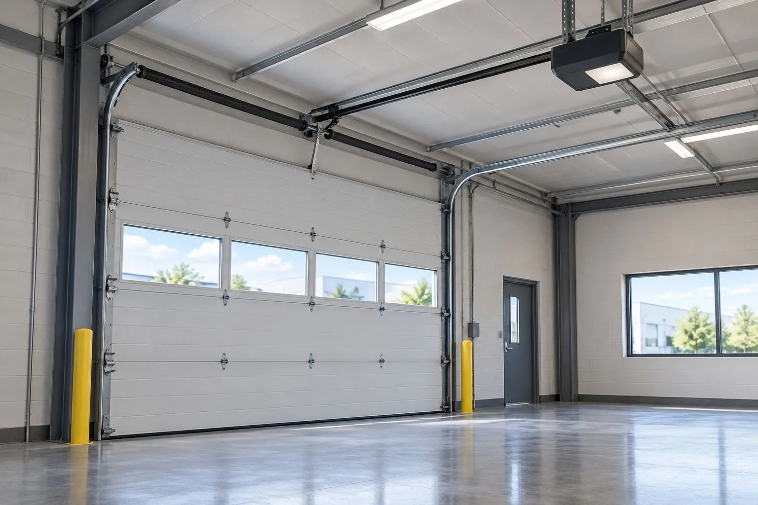 Closed sectional door with curved tracks and an overhead trolley rail inside a commercial bay.
